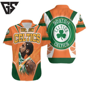 Boston Celtics Kyrie Irving 11 Orange Background Hawaiian Shirt Boston Celtics Kyrie Irving 11 Orange Background Hawaiian Shirt