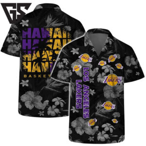 Los Angeles Lakers Black Blossom Hawaiian Shirt Los Angeles Lakers Black Blossom Hawaiian Shirt