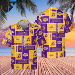 Los Angeles Lakers Block Style Hawaiian Shirt Los Angeles Lakers Block Style Hawaiian Shirt