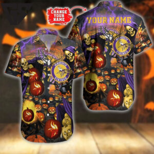 Minnesota Vikings Halloween Huddle Hawaiian Shirt Minnesota Vikings Halloween Huddle Hawaiian Shirt