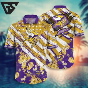 Minnesota Vikings Stripes & Blooms Hawaiian Shirt Minnesota Vikings Stripes & Blooms Hawaiian Shirt