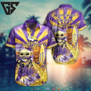 Minnesota Vikings Tiki Baby Yoda Fan Hawaiian Shirt Minnesota Vikings Tiki Baby Yoda Fan Hawaiian Shirt