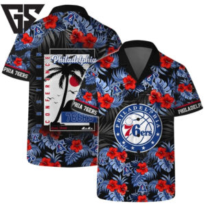 Philadelphia 76ers Tropical Hibiscus and Logo Hawaiian Shirt Philadelphia 76ers Tropical Hibiscus and Logo Hawaiian Shirt