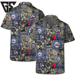 Philadelphia 76ers Vintage Black and Gold Hawaiian Shirt Philadelphia 76ers Vintage Black and Gold Hawaiian Shirt