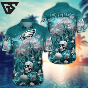 Philadelphia Eagles Halloween Skull Pumpkin Hawaiian Shirt Philadelphia Eagles Halloween Skull Pumpkin Hawaiian Shirt