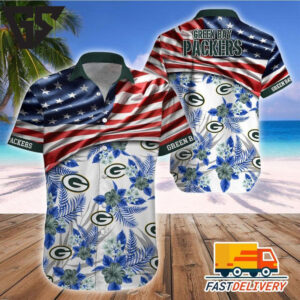 Green Bay Packers American Flag Stripes Floral Hawaiian Shirt Green Bay Packers American Flag Stripes Floral Hawaiian Shirt