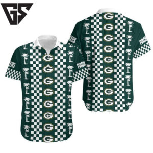 Green Bay Packers Checkered Palms Hawaiian Shirt Green Bay Packers Checkered Palms Hawaiian Shirt