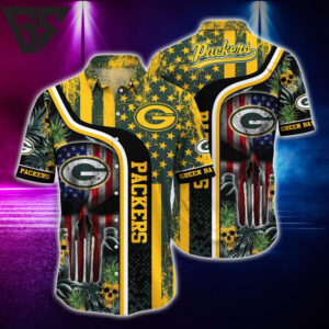 Green Bay Packers Stars & Stripes Skull Hawaiian Shirt Green Bay Packers Stars & Stripes Skull Hawaiian Shirt