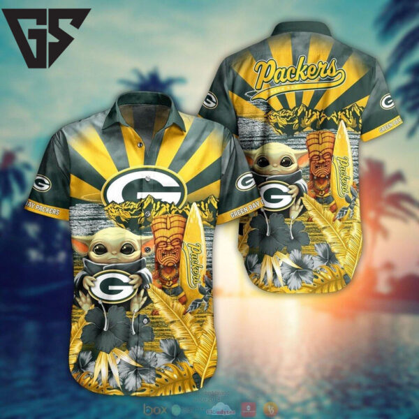 Green Bay Packers Tiki Surf Baby Yoda Hawaiian Shirt