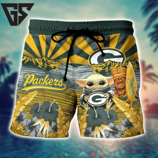 Green Bay Packers Tiki Surf Baby Yoda Hawaiian Shirt