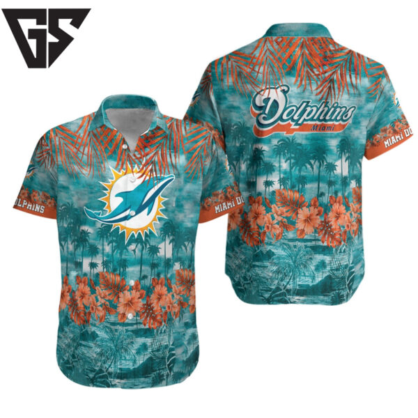 Miami Dolphins Aqua Orange Flowers Hawaiian Shirt