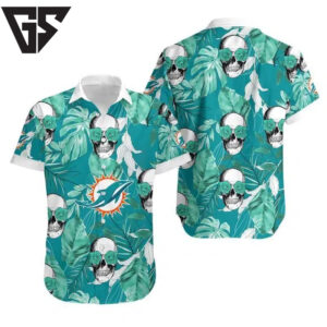 Miami Dolphins Coconut Leaves And Skulls Hawaiian Shirt Miami Dolphins Coconut Leaves And Skulls Hawaiian Shirt