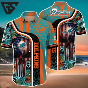 Miami Dolphins Stars and Stripes Skull Hawaiian Shirt Miami Dolphins Stars and Stripes Skull Hawaiian Shirt