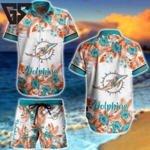Miami Dolphins Sunset Hibiscus Hawaiian Set Miami Dolphins Sunset Hibiscus Hawaiian Set