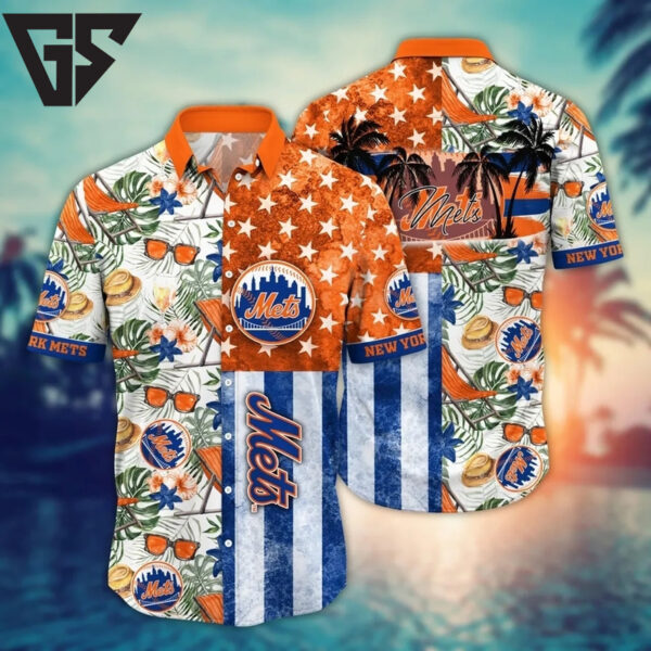 New York Mets Monstera Leaves American Flag Hawaiian Shirt