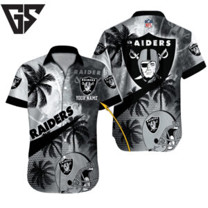 Personalized Las Vegas Raiders Palms & Helmets Hawaiian Shirt Personalized Las Vegas Raiders Palms & Helmets Hawaiian Shirt