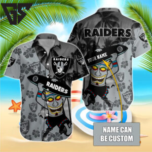 Personalized Las Vegas Raiders Tiki Surfer Hawaiian Shirt Personalized Las Vegas Raiders Tiki Surfer Hawaiian Shirt