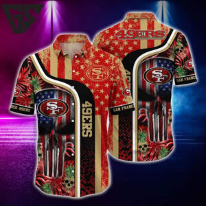 San Francisco 49ers Skull US Flag Hawaiian Shirt San Francisco 49ers Skull US Flag Hawaiian Shirt
