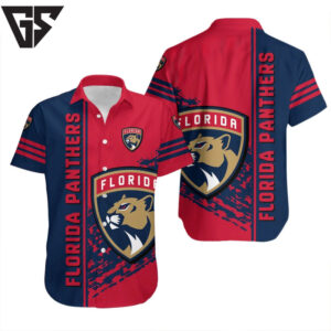 Florida Panthers Stripes and Shield Hawaiian Shirt Florida Panthers Stripes and Shield Hawaiian Shirt