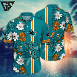 San Jose Sharks Floral Stripes Hawaiian Shirt San Jose Sharks Floral Stripes Hawaiian Shirt