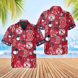 Boston Red Sox Pinstripe Logo Collage Hawaiian Shirt Boston Red Sox Pinstripe Logo Collage Hawaiian Shirt