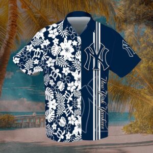New York Yankees Floral Stripe Hawaiian Shirt New York Yankees Floral Stripe Hawaiian Shirt