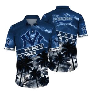 New York Yankees Thunderstorm Palms Hawaiian Shirt New York Yankees Thunderstorm Palms Hawaiian Shirt