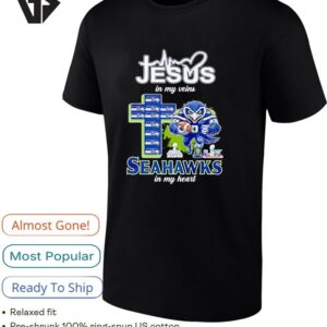 Seattle Seahawks In My Heart Jesus In My Veins Supers Bowl Lx Mascot And Cross T-Shirt