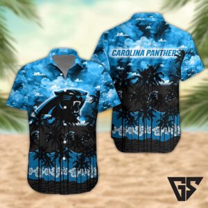 Carolina Panthers Palm Trees Sunset Hawaiian Shirt