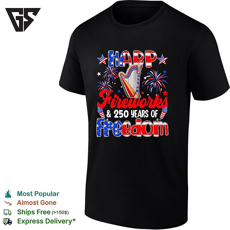 Harp Fireworks And 250th Freedom 4th July Instrumentalist T-Shirt Harp Fireworks And 250th Freedom 4th July Instrumentalist T-Shirt