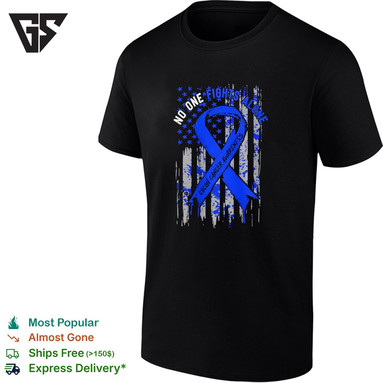 No One Fights Alone Colon Cancer Awareness Blue Ribbon American Flag T-Shirt No One Fights Alone Colon Cancer Awareness Blue Ribbon American Flag T-Shirt