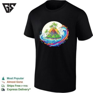 Ocean Wave Around Tropical Volcano Island Sunset Retro T-Shirt