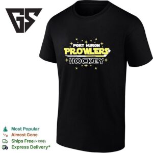 Port Huron Prowlers Hockey Team Yellow Text With Stars And Stick T-Shirt 1 1