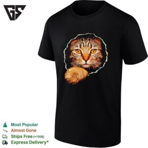 Tabby Cat Golden Eyes Peeking Through Handsome Brown T-Shirt