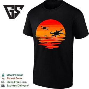 X-Wing Starfighter And Sea Sunset Retro T-Shirt