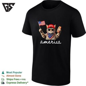 America Patriotic Cat Holding Hot Dog And Flag T-Shirt