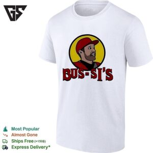 Bus-Si’s Baseball Player Cartoon Food Chain Parody Logo White T-Shirt
