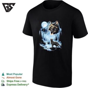 Giant Cat Moon Face Forest Waterfall Night Scene Mystical Art T-Shirt