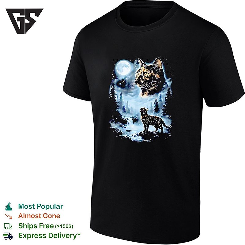 Giant Cat Moon Face Forest Waterfall Night Scene Mystical Art T-Shirt Giant Cat Moon Face Forest Waterfall Night Scene Mystical Art T-Shirt