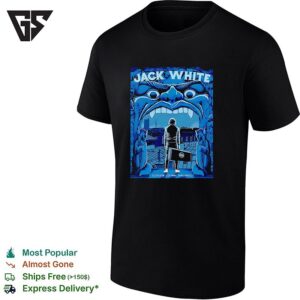 Guitar-Case-Carrying Figure Looming Monster Face Building City Concert Poster Art T-Shirt