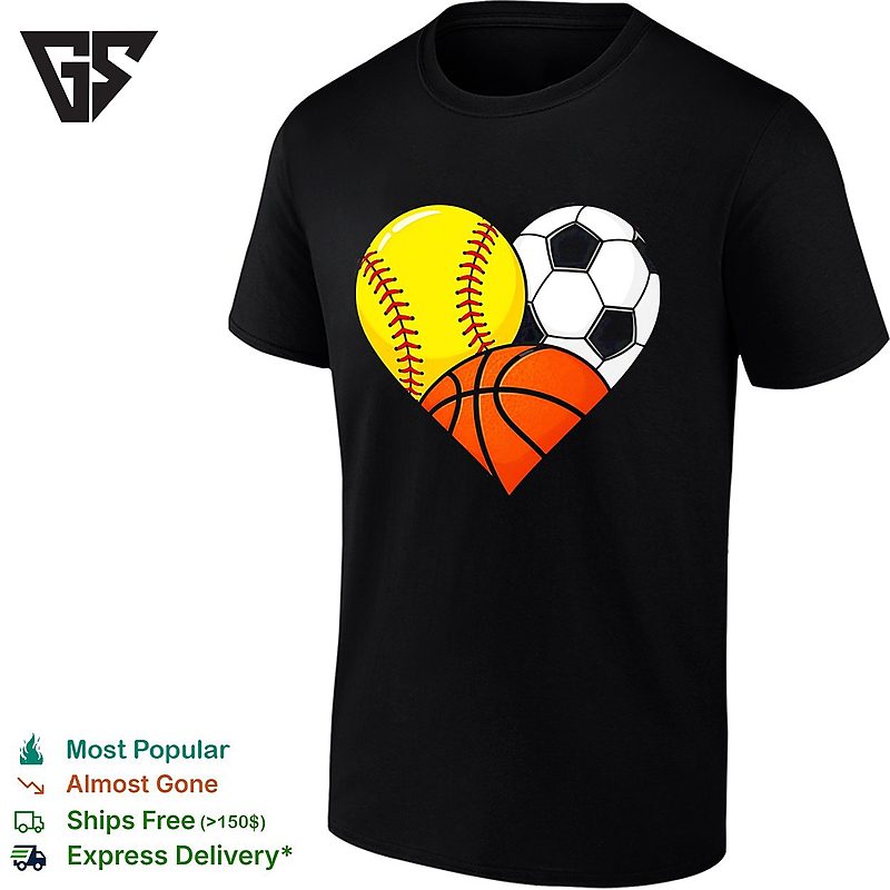 Heart Shaped Softball Soccer Basketball Three Sports Love Art T-Shirt Heart Shaped Softball Soccer Basketball Three Sports Love Art T-Shirt