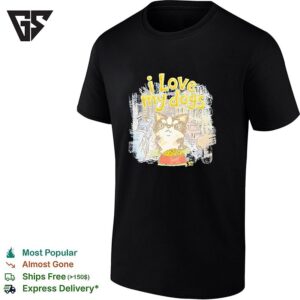 I Love My Dogs Chihuahua Eating Food In City Street Illustration On Blue T-Shirt