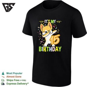 It Is My 15 Birthday Dabbing Corgi Dog Confetti Party Celebration Funny Kids T-Shirt