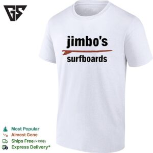 Jimbo’s Surfboards Red Surfboard Minimalist Text White T-Shirt