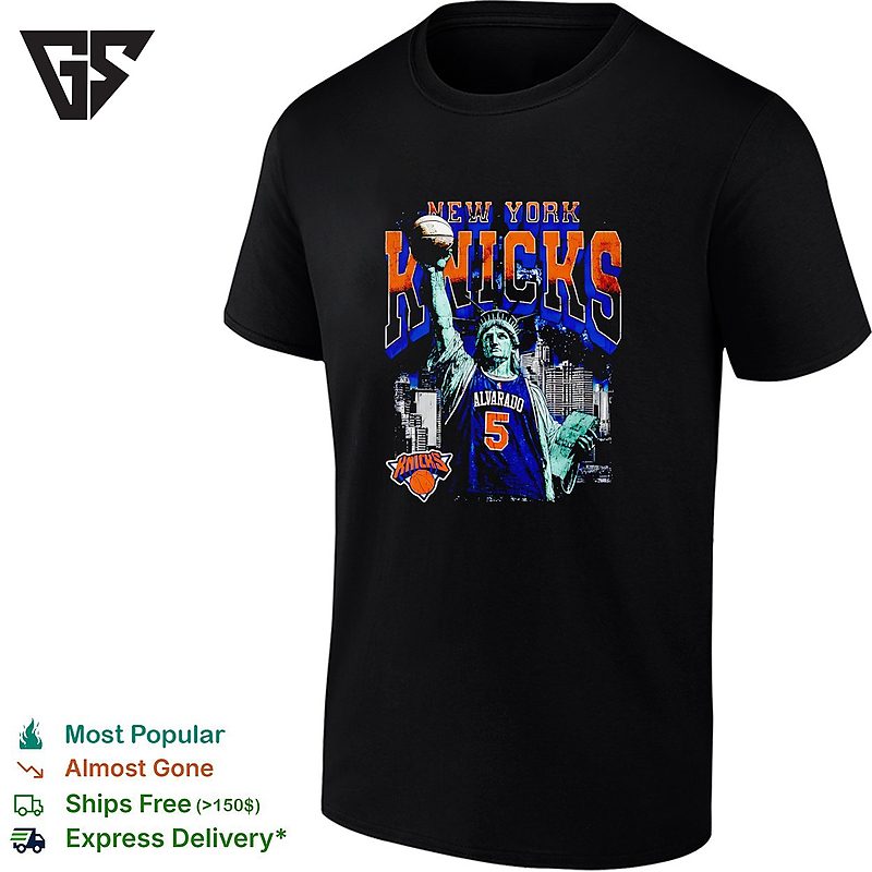 Jose Alvarado 5 New York Knicks Statue Of Liberty Skyline Basketball T-Shirt Jose Alvarado 5 New York Knicks Statue Of Liberty Skyline Basketball T-Shirt