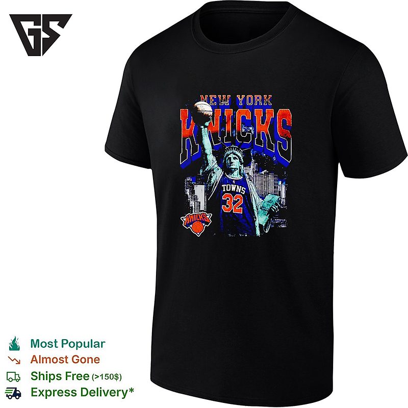 Karl-Anthony Towns 32 New York Knicks Statue Of Liberty Skyline Basketball T-Shirt Karl-Anthony Towns 32 New York Knicks Statue Of Liberty Skyline Basketball T-Shirt