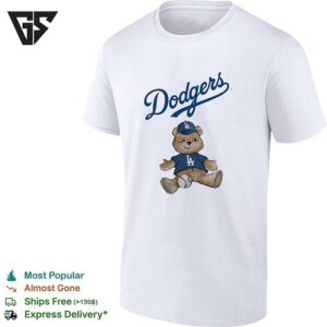 Los Angeles Dodgers Teddy Bear With Baseball And Dodgers Logo Graphic Print T-Shirt
