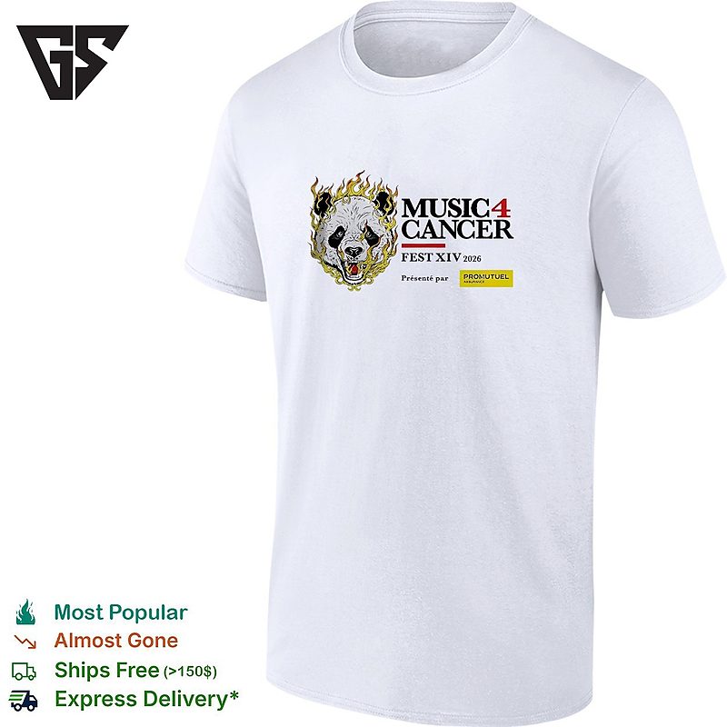 Music 4 Cancer Fest Xiv 2026 Flaming Panda Artistic Event Promotional White T-Shirt Music 4 Cancer Fest Xiv 2026 Flaming Panda Artistic Event Promotional White T-Shirt