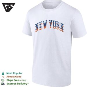 New York Knicks Arch Text Logo Blue Orange Graphic T-Shirt