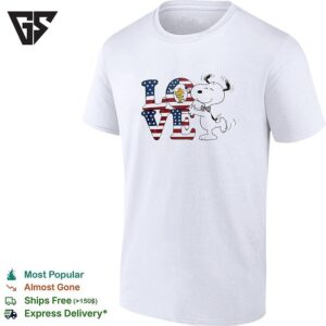 Peanuts Snoopy And Woodstock Love American Flag Patriotic Typography T-Shirt